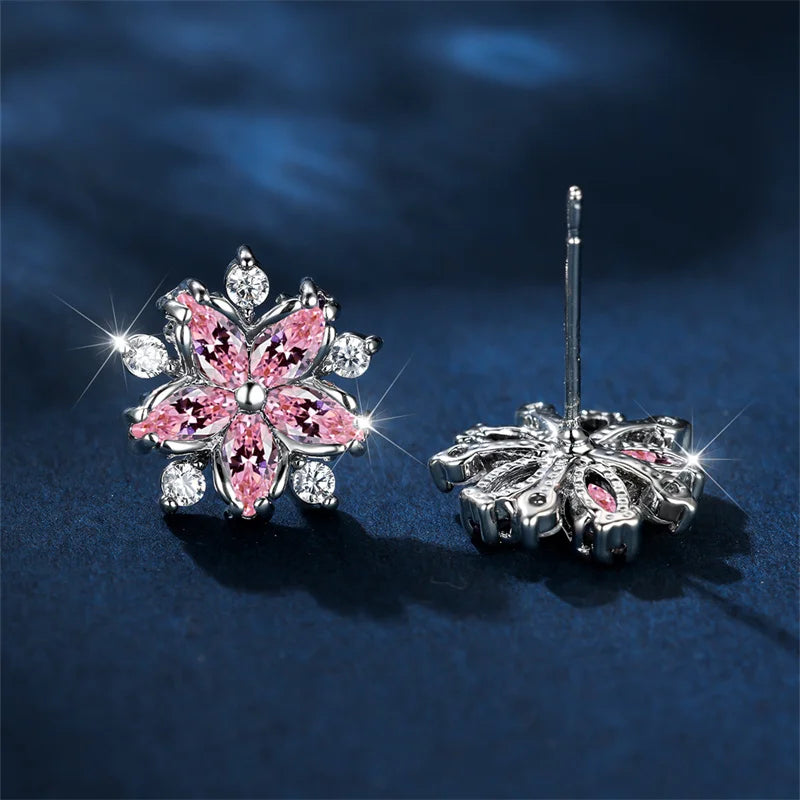 Luxury Female Pink Stone Flower Stud Earrings Silver Color Zircon Wedding Jewelry For Women