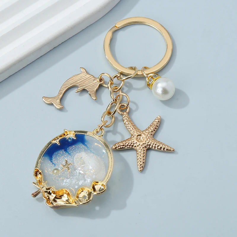 New  Starfish Conch Dolphin Pearl Enamel Keychain Beautiful Sea Beach Pendants For Making Handmade DIY Findings Jewelry