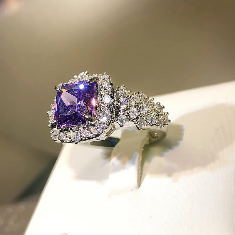 Delicate 925 Silver Color Ring Rectangle Purple Zircon Open Finger Ring Wedding Jewelry Accessories For Women