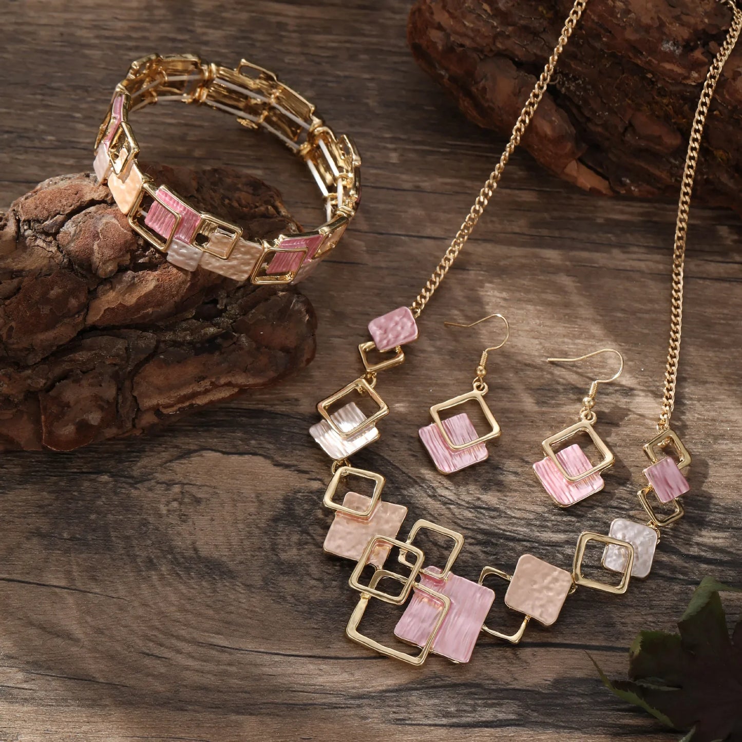 new color painting oil geometric square stud earrings bracelet necklace set, high-end women's jewelry set
