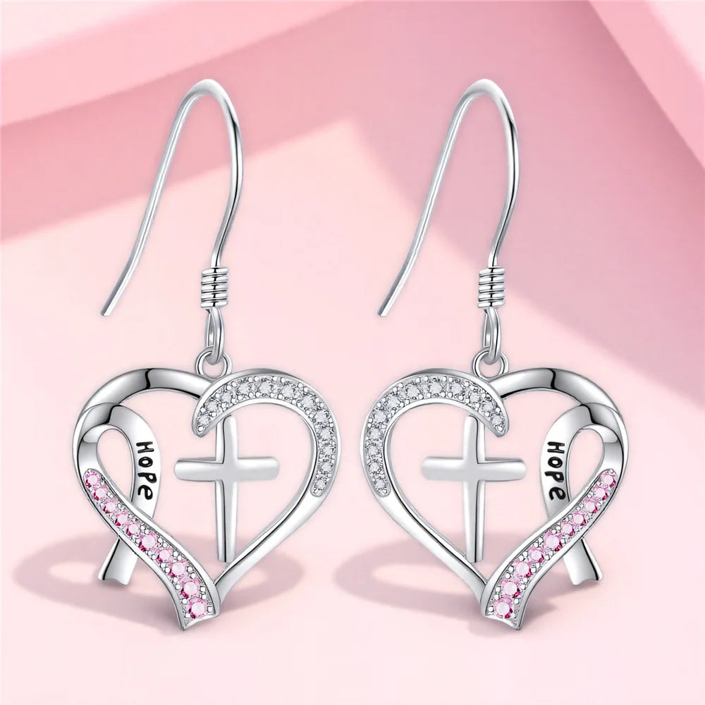 Charm Female Crystal White Pink Stone Cross Heart Earrings Cute Trendy Bridal Silver Color Wedding Jewelry For Women