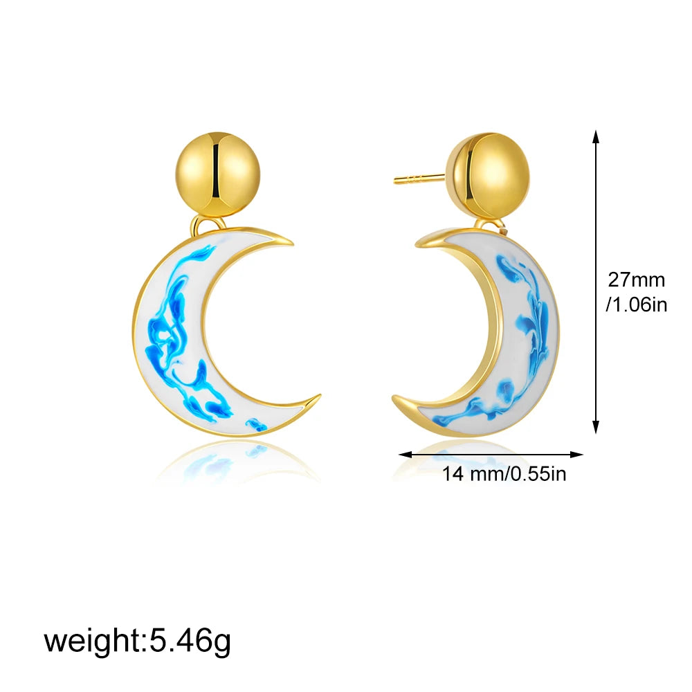 Blue White Porcelain Star Moon Oval Drop Earrings for Women Stainless Steel Gold Color Geometric Dangle Earrings Jewelry Gift