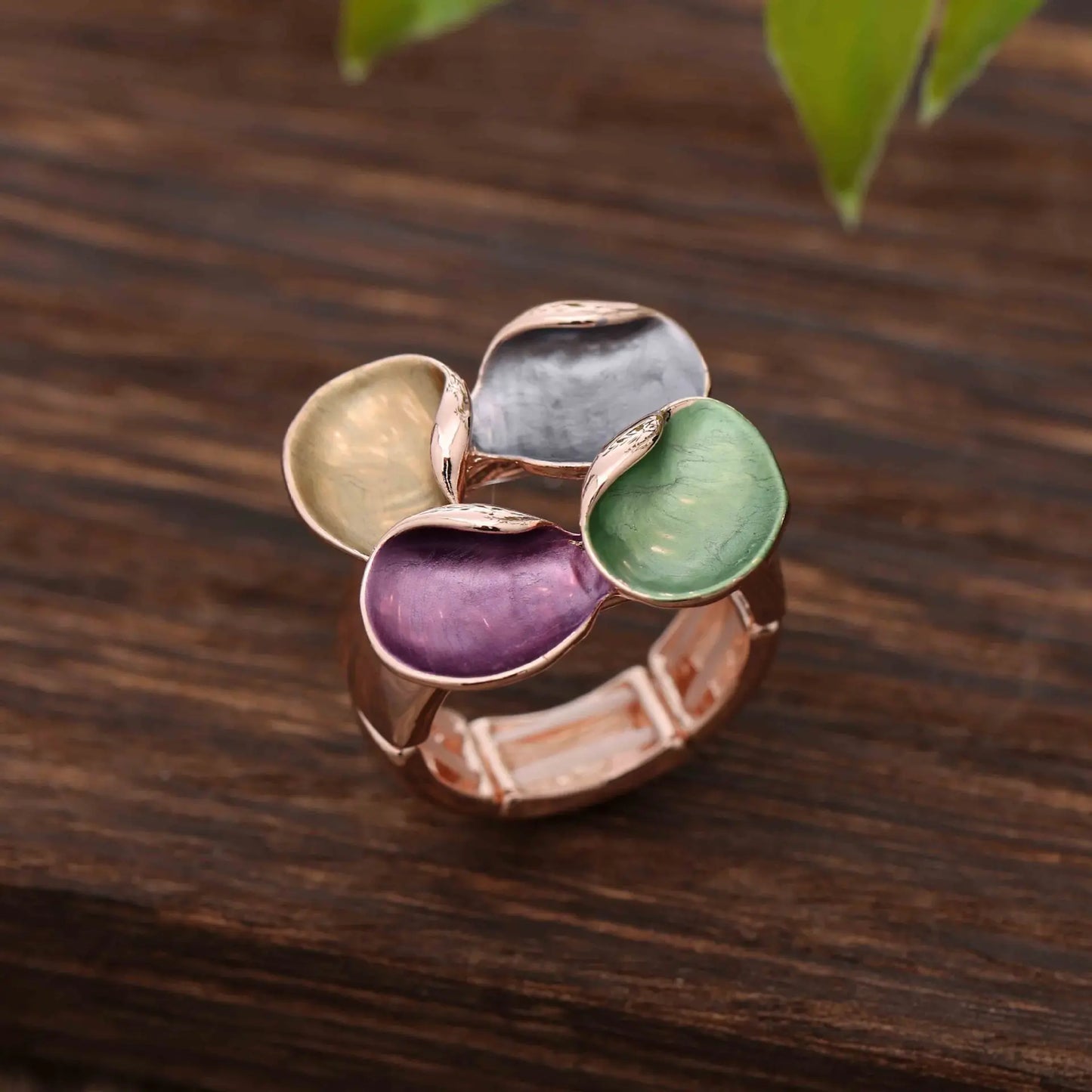 new colored petal alloy elastic ring, colored oil geometric petal women's small fresh ring