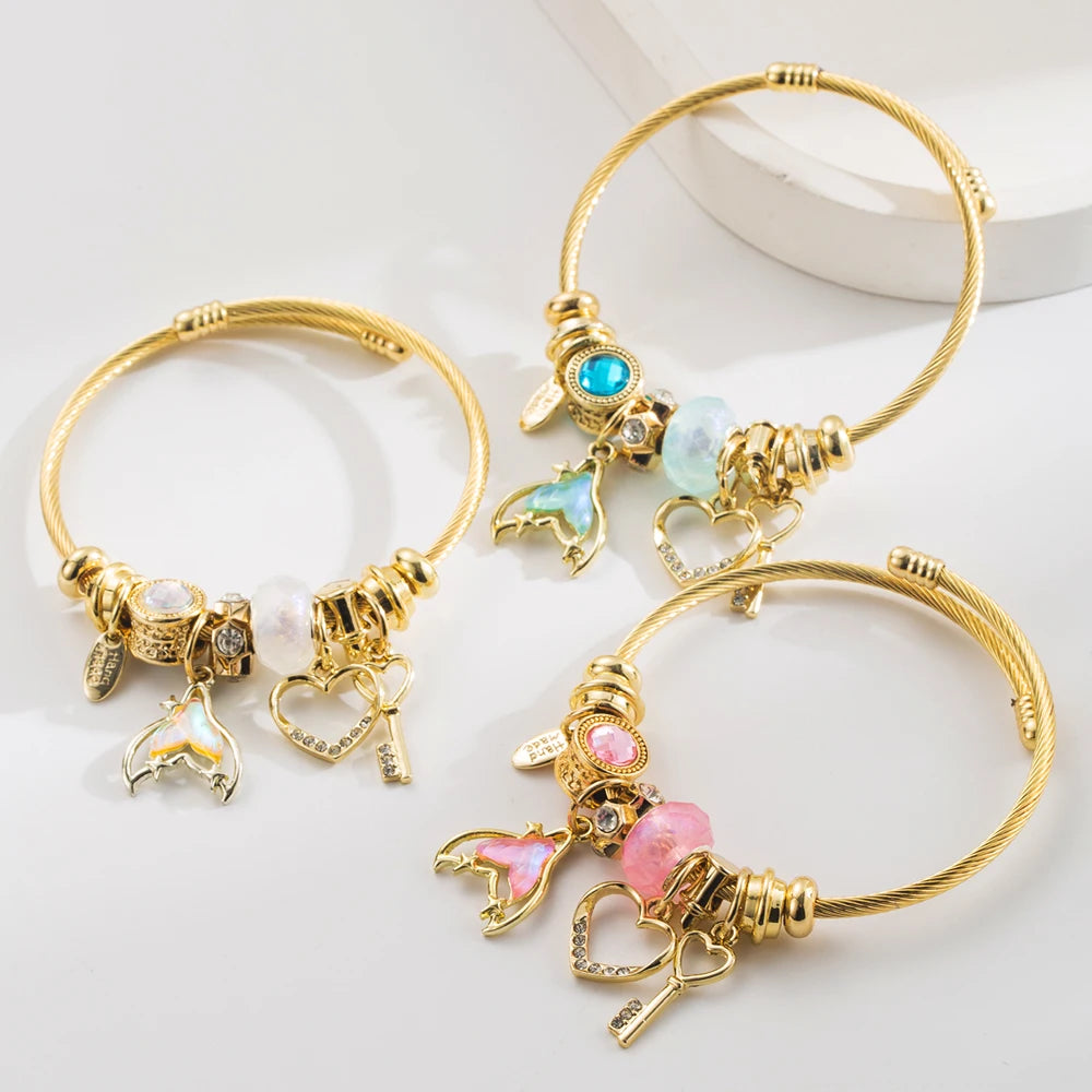 New DIY Pan Jia Duo La Bracelet with Diamond Fish Tail Heart Key Pendant Fairy Style Adjustable Couple Bracelet