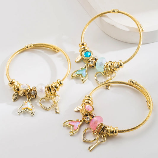 New DIY Pan Jia Duo La Bracelet with Diamond Fish Tail Heart Key Pendant Fairy Style Adjustable Couple Bracelet