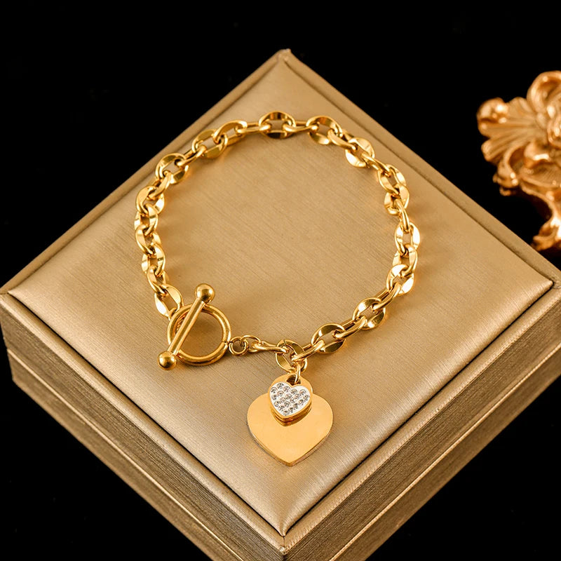 EILIECK 316L Stainless Steel Starfish Heart Pearl Charm Bracelet For Women Trendy Gold Color Wrist Chain Jewelry Holiday Gifts