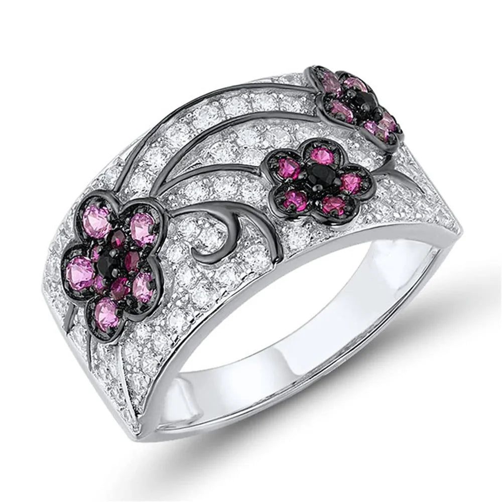 Cute Female White Red Zircon Round Stone Silver Color Wedding Jewelry Promise Engagement Rings For Women