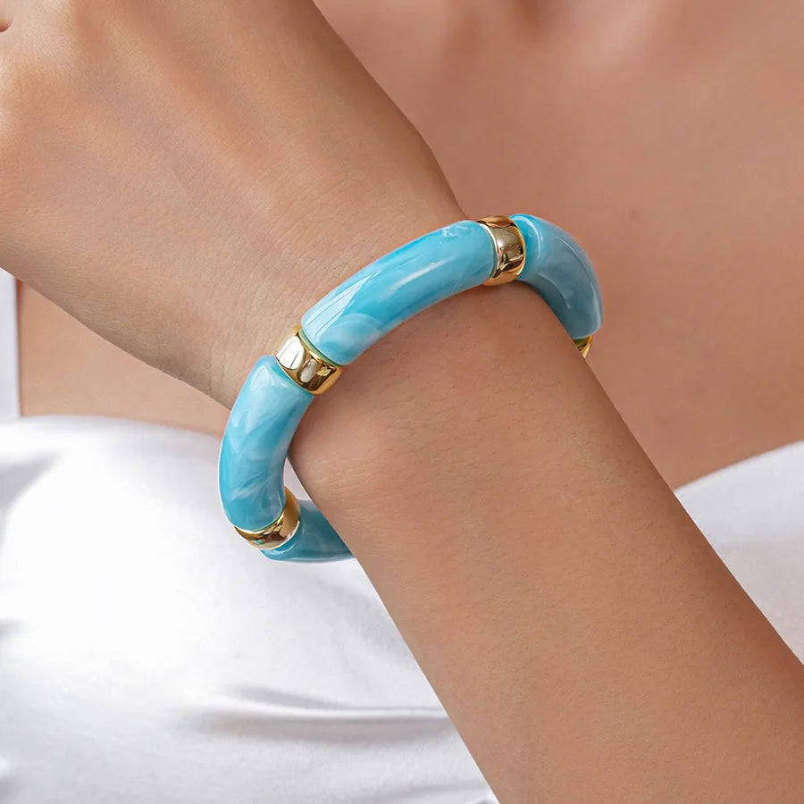 KMVEXO Vintage Turquoise Blue Geometric Resin Bangle Women Irregular Wide Bracelet Ladies Bohemian Beach Acrylic Bangles Jewelry