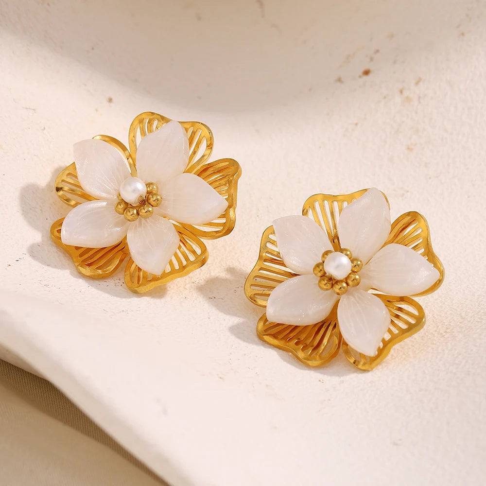 E.B.belle Double Layer Shell Flower Stud Earring PVD Plated Stainless Steel Waterproof Hypoallergenic Women Jewelry Accessories