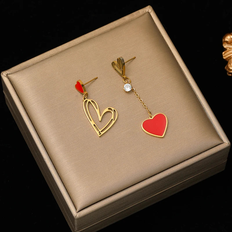 EILIECK 1pair New Stainless Steel Elegant Red Heart-Shaped Pendant Earrings For Women Fashion Ear Stud Waterproof Jewelry Gift