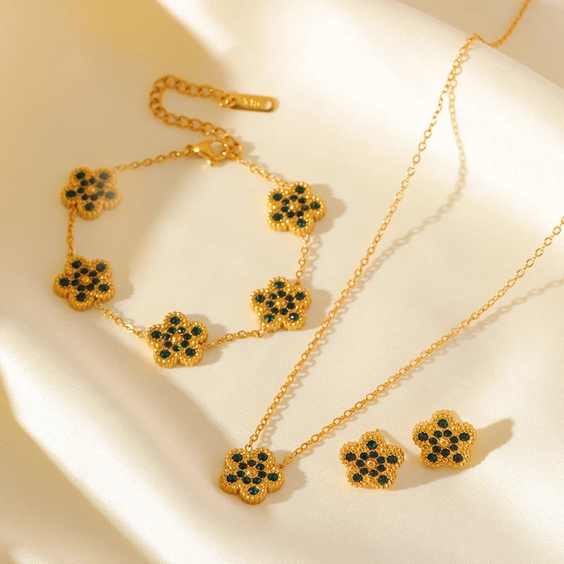 EILIECK New Fashion Stainless Steel Pink Zircon Clover Necklace Bracelet Earrings Set For Women Trendy Flower Jewelry Set Gift