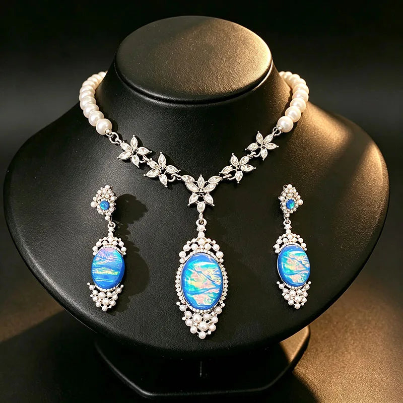 Imitation Pearl Necklace Drop Earrings Oval Shaped Pendant Necklace Earring Women's Fashion Rhinestone Party Jewelry Set  K