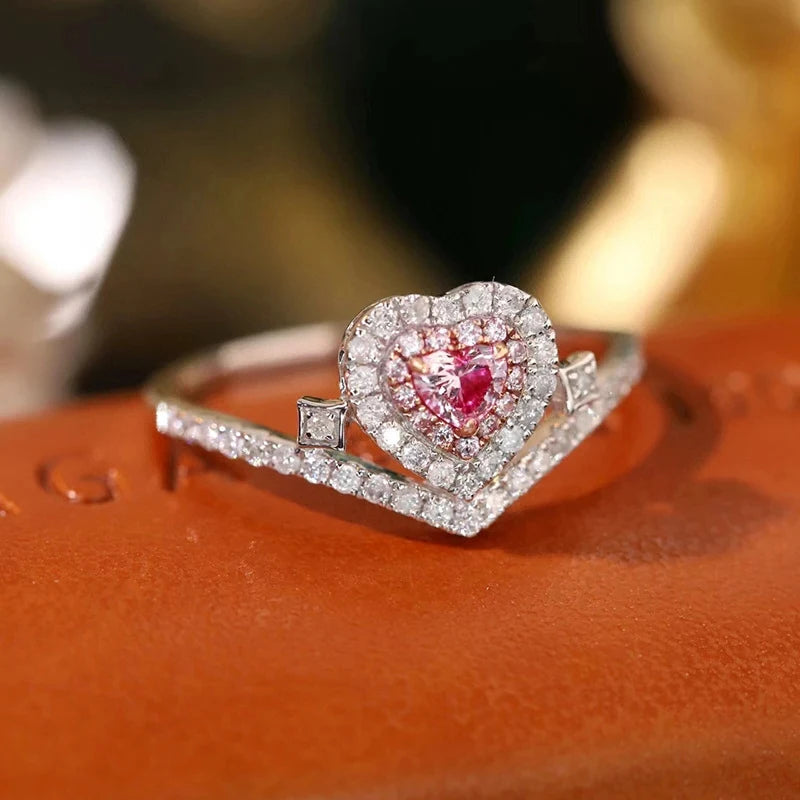 Luxury Heart Shape Pink 925 Silver Color Cute Fashion Promise Ring for Women Girl Party Wedding Gift Trendy Jewelry