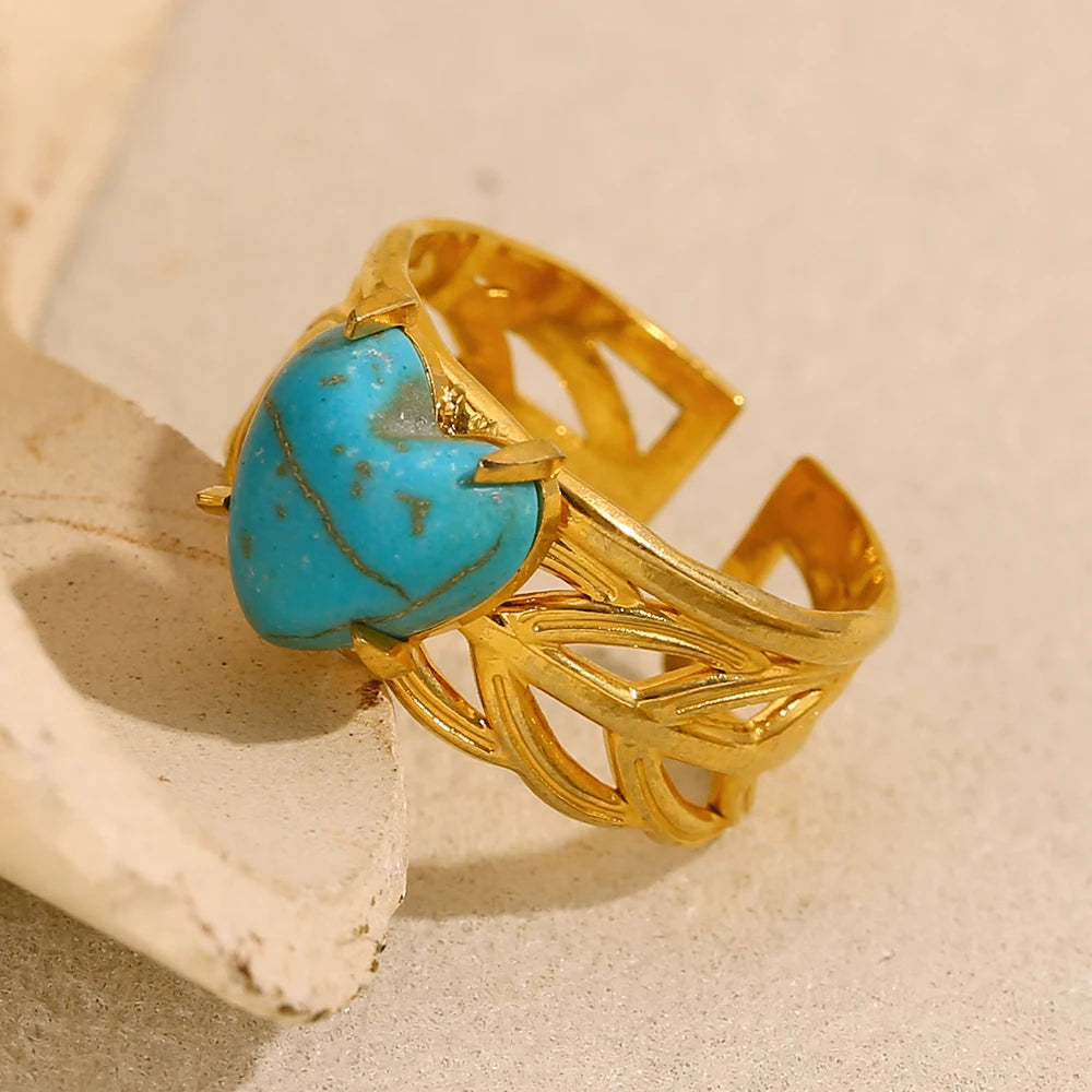 E.B.belle Leaf Pattern Natural Blue Turquoise Stone Heart Opening Ring 18K Gold Plated Stainless Steel Party Waterproof Jewelr y