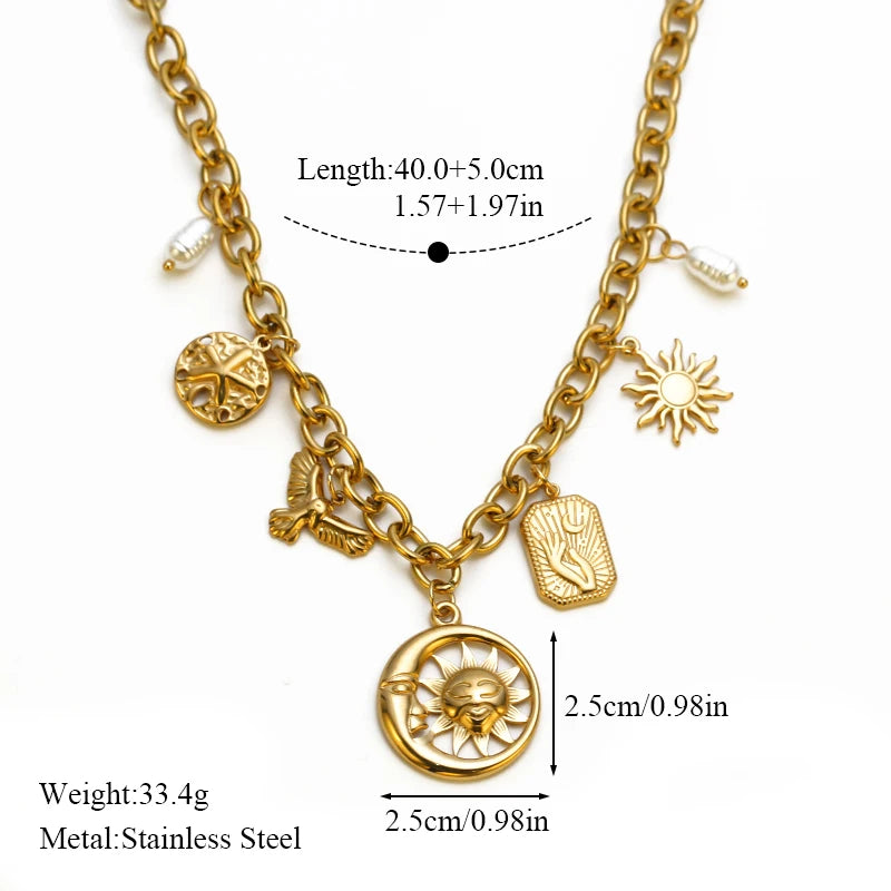 EILIECK 316L Stainless Steel Metal Gold Color Sun Moon Pendant Necklace Lady New Trendy Neck Chain Waterproof Jewelry Party Gift