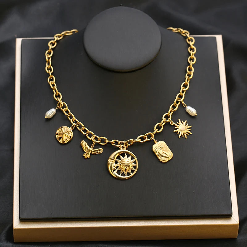 EILIECK 316L Stainless Steel Metal Gold Color Sun Moon Pendant Necklace Lady New Trendy Neck Chain Waterproof Jewelry Party Gift