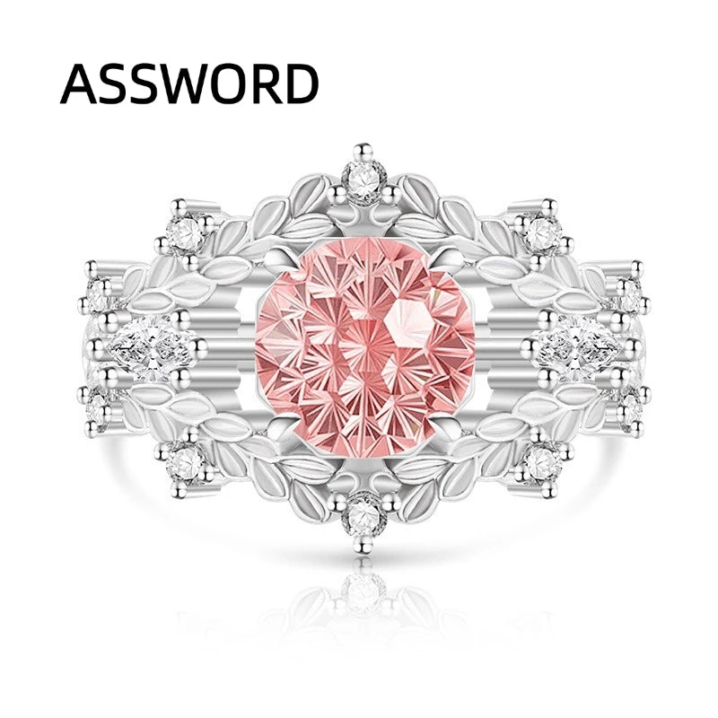 925 Sterling Silver Vintage Leaf Flower Ring Round Ice Flower Cut Cubic Zirconia Wedding Band Luxury Fine Jewelry Gift for Women