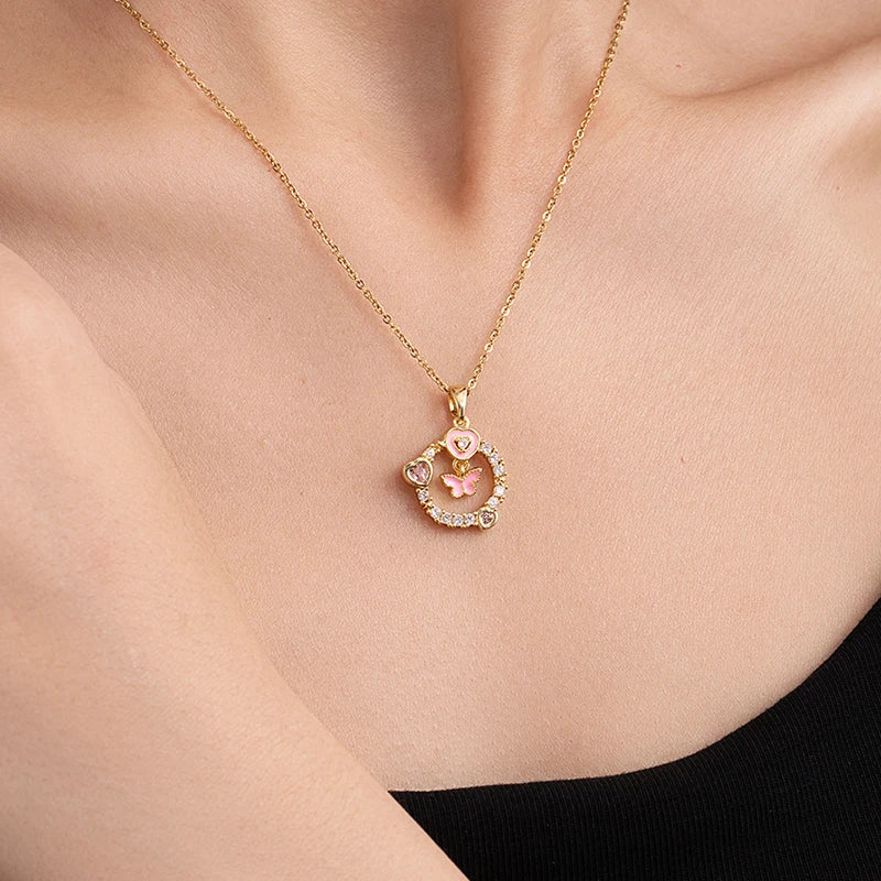ANENJERY 316L Stainless Steel Flower Butterfly Shell Pendant Necklace For Women Delicate Elegant Fashion Jewelry Gifts Wholesale