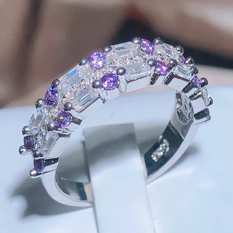 New Fashion Square Ring Purple AAA+ Zircon Micro-inlay For Women 925 Stamp Classic Two-color Zircon Full Drill Wedding Rings
