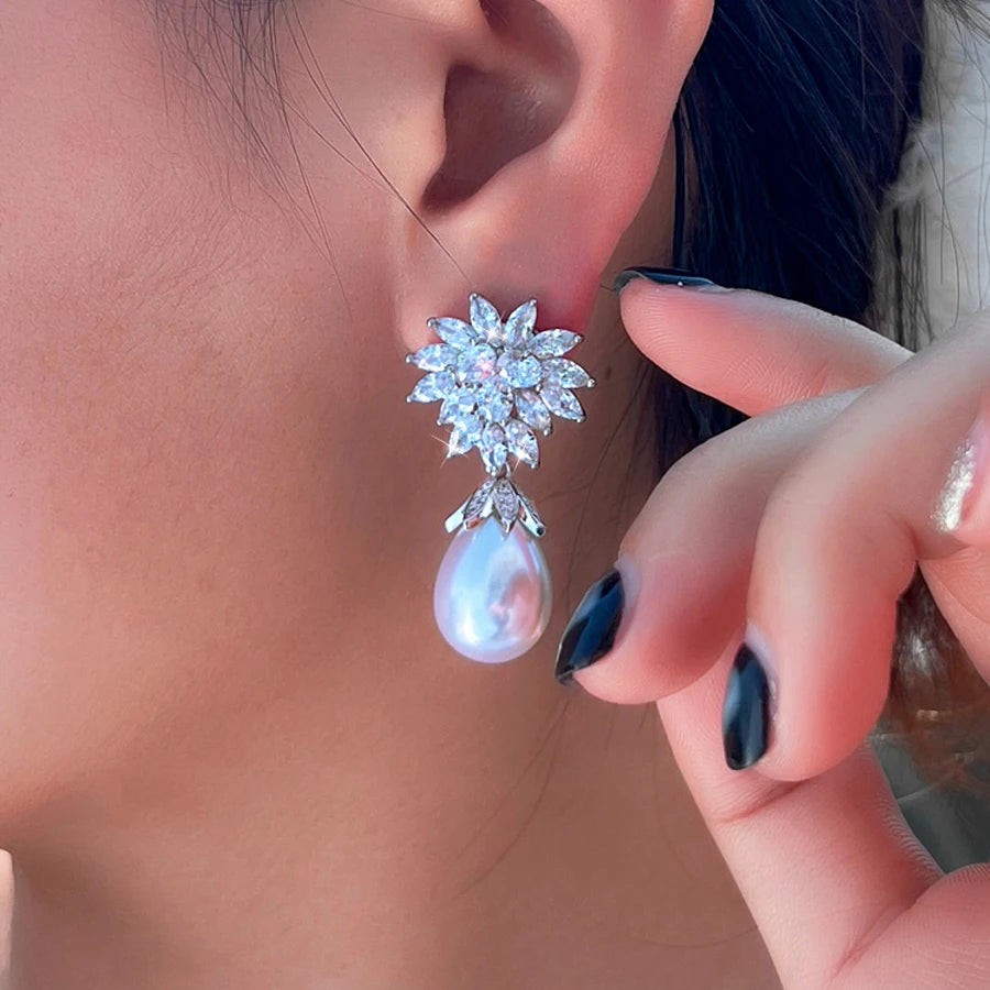 ThreeGraces Elegant Shiny Zirconia Long Big Simulated Pearl Bridal Wedding Engagement Earrings for Women Party Jewelry E1992