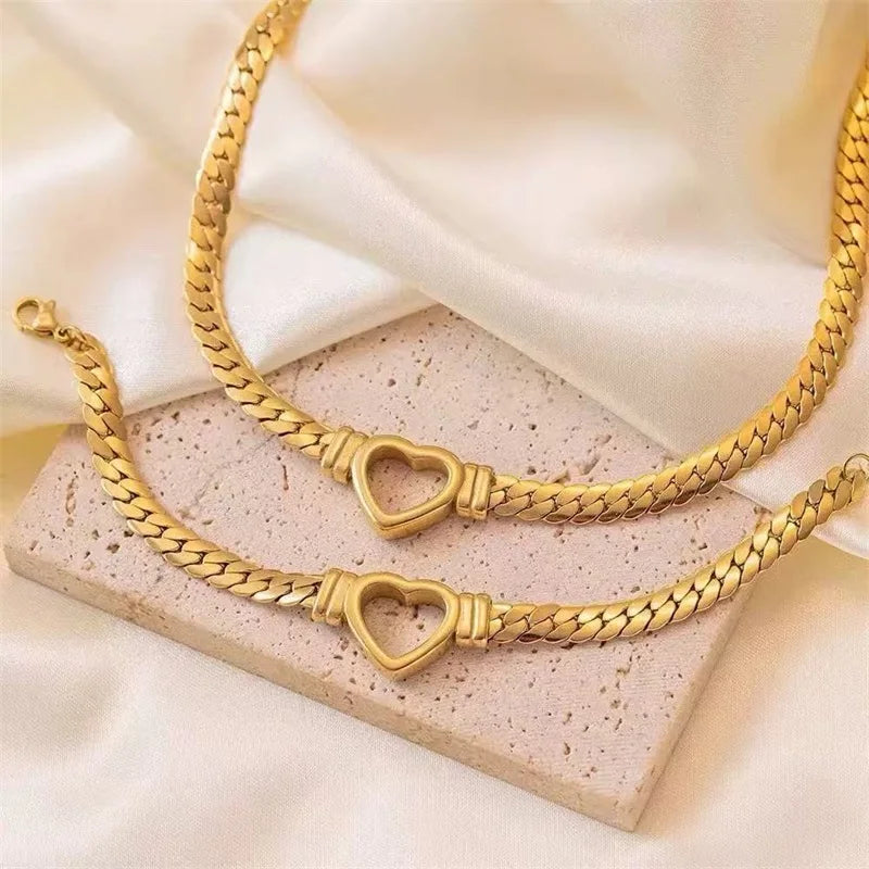 EILIECK 316L Stainless Steel Metal Hollow Heart Necklace Bracelets Set For Women Trendy Waterproof Gold Color Chain Jewelry Gift