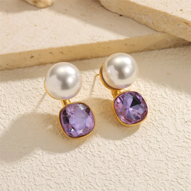 EILIECK Purple Crystal Zirconia Pearl Necklace Earrings Trendy Stainless Steel Waterproof Jewelry Set Golden Metal Texture Women