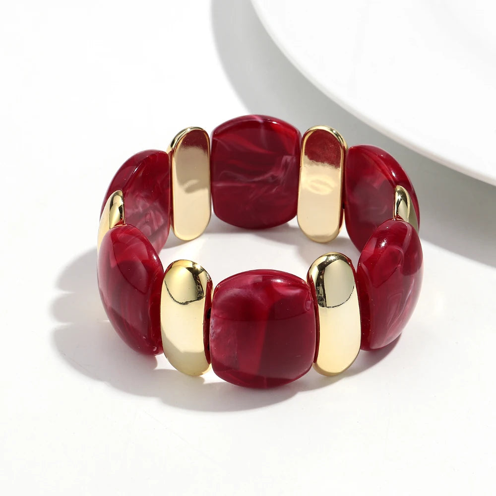 Elegant Acrylic Marble Geometric Petal Curved Beads Elastic Bracelets Trendy CCB Bead Chunky Bangles Bracelet Women Accessories
