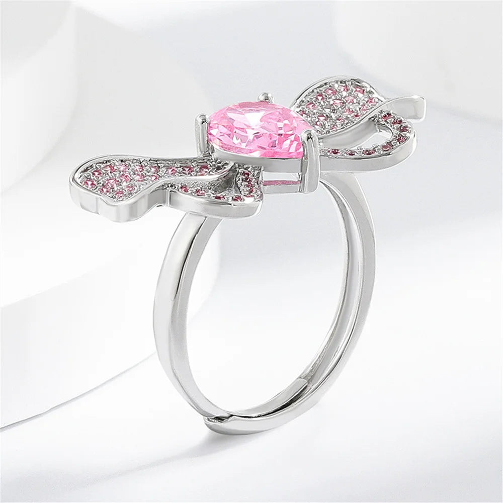 Cute Female Pink Zircon Stone Silver Color Butterfly Wedding Rings Promise Open Adjustable Engagement Jewelry For Women