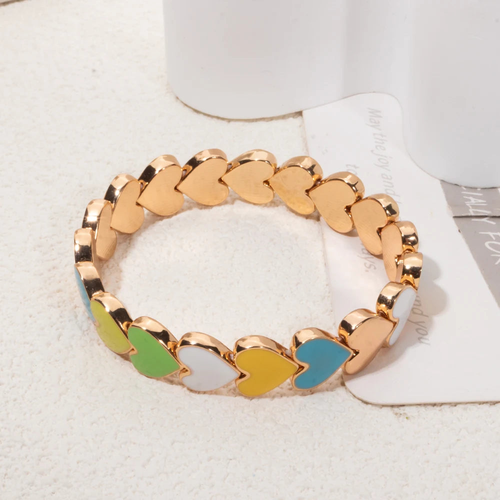 BEUTIFOR Drop Oil Love Shape Beaded Elastic Bracelets For Women Colorful Boho Beads Chunky Peach Love Wrist Accessory