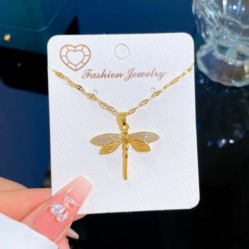 EILIECK 316L Stainless Steel Dragonfly Butterfly Shiny Cubic Zircon Pendant Necklace for Women Luxury Neck Chain Fashion Jewelry
