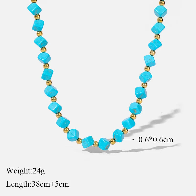 EILIECK 316L Stainless Steel Green Stone Necklaces Irregular Bead String Necklace Fashion Women's Vacation Jewelry Chain Chokers