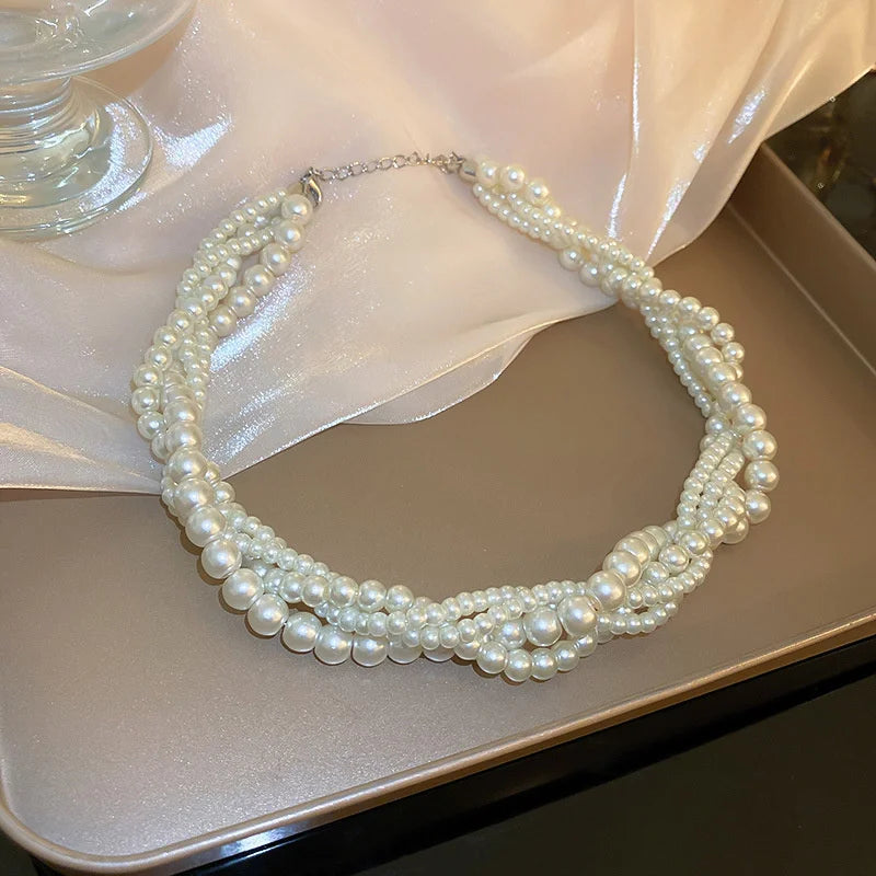 Luxury Twining Pearl Choker Necklaces for Women Geometric Necklaces Weddings Bride Jewelry Accessories
