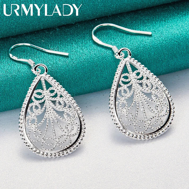 URMYLADY 925 Sterling Silver Water Drop Hollow Plant Earrings For Women Wedding Engagement Party Fashion Jewelry