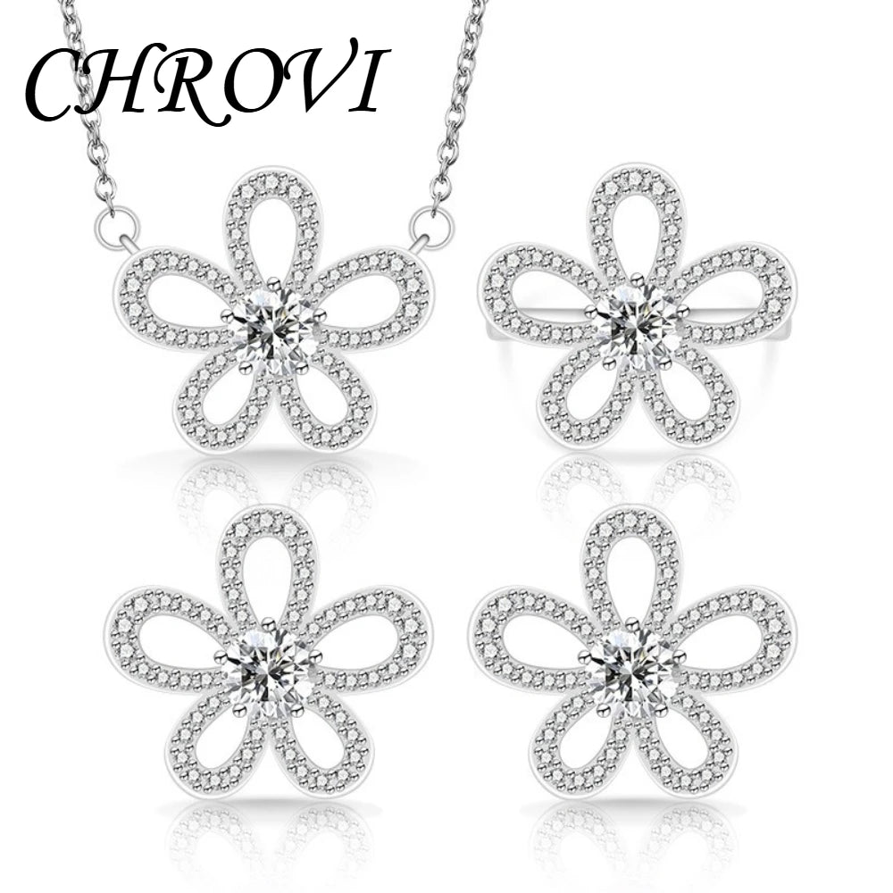 Sweet 925 sterling silver luxury full-diamond five-petal flower gemstone pendant ring earring three-piece jewelry set