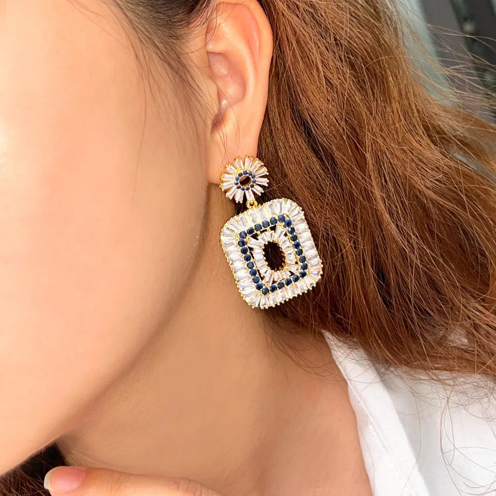 ThreeGraces Luxurious Shining Baguette Cubic Zirconia Long Big Dangle Drop Earrings for Women New Trendy Party Jewelry E1035