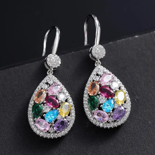Huitan Charming Pear Drop Earrings for Women Inlaid Shiny Multiple Colors CZ Gentle Wedding Party Accessories Chic Jewelry Gift