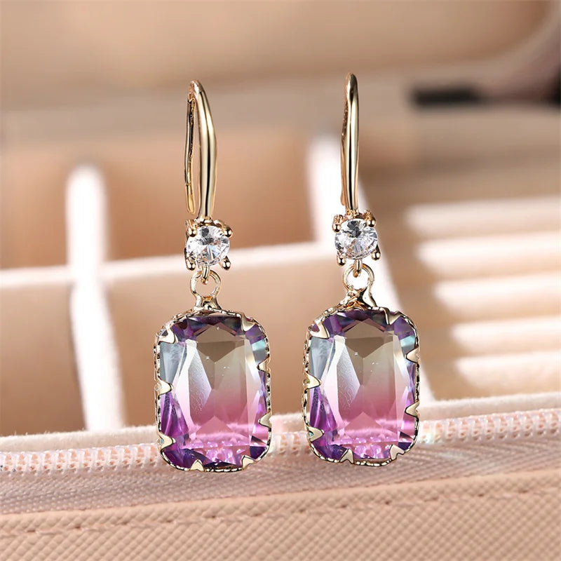 Cute Female Red Green Rainbow Drop Earrings Luxury White Crystal Earrings Yellow Gold Color Wedding Earrings For Women