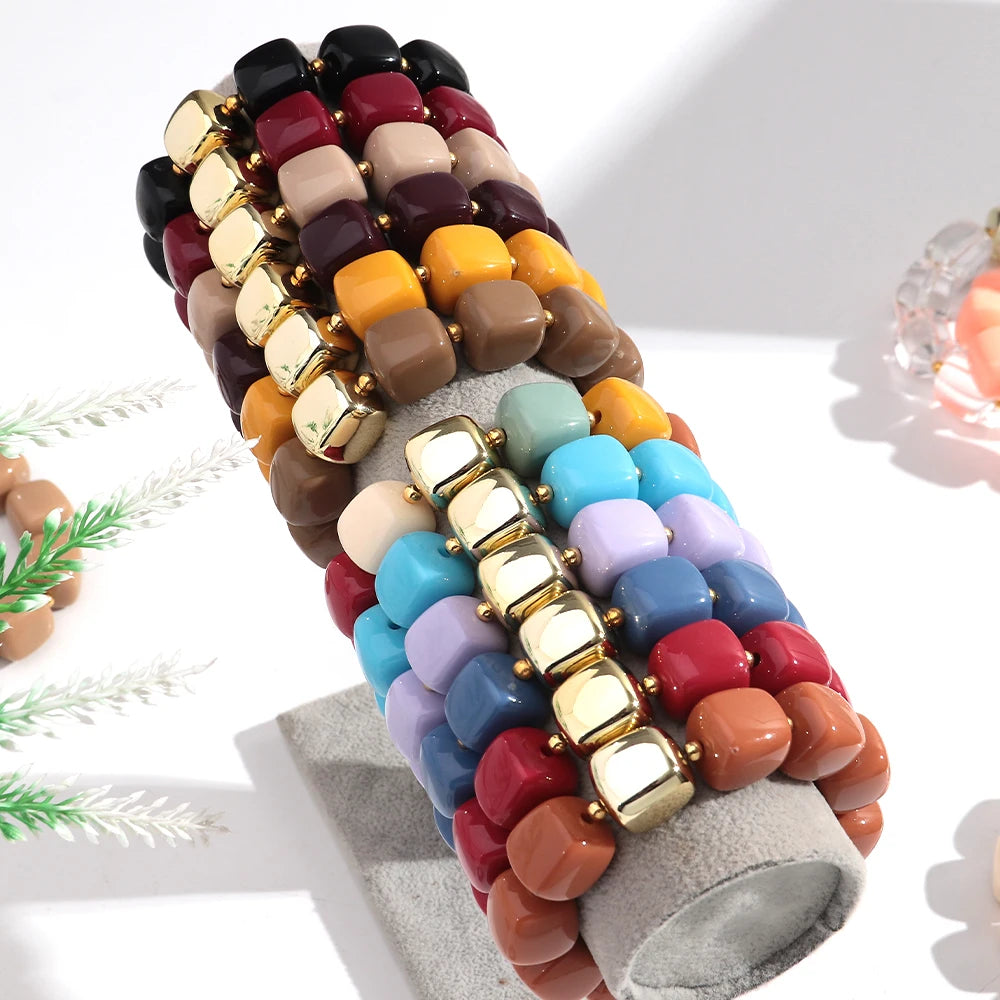 Trendy Colorful Square Beads Elastic Bangle Bracelets New Resin Geometric Beaded Stackable Bracelet 2026 Spring Summer Jewelry