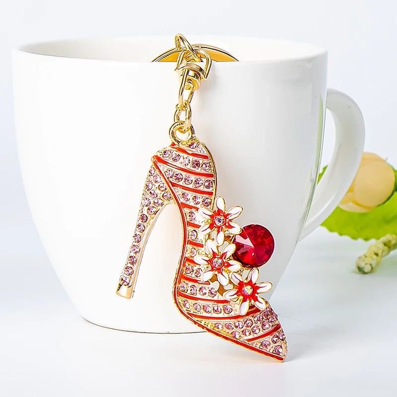 Elegant Flower High Heels Key Chain Women's Bag Pendant Alloy Rhinestone Car Key Ring Fashion Backpack Ornament