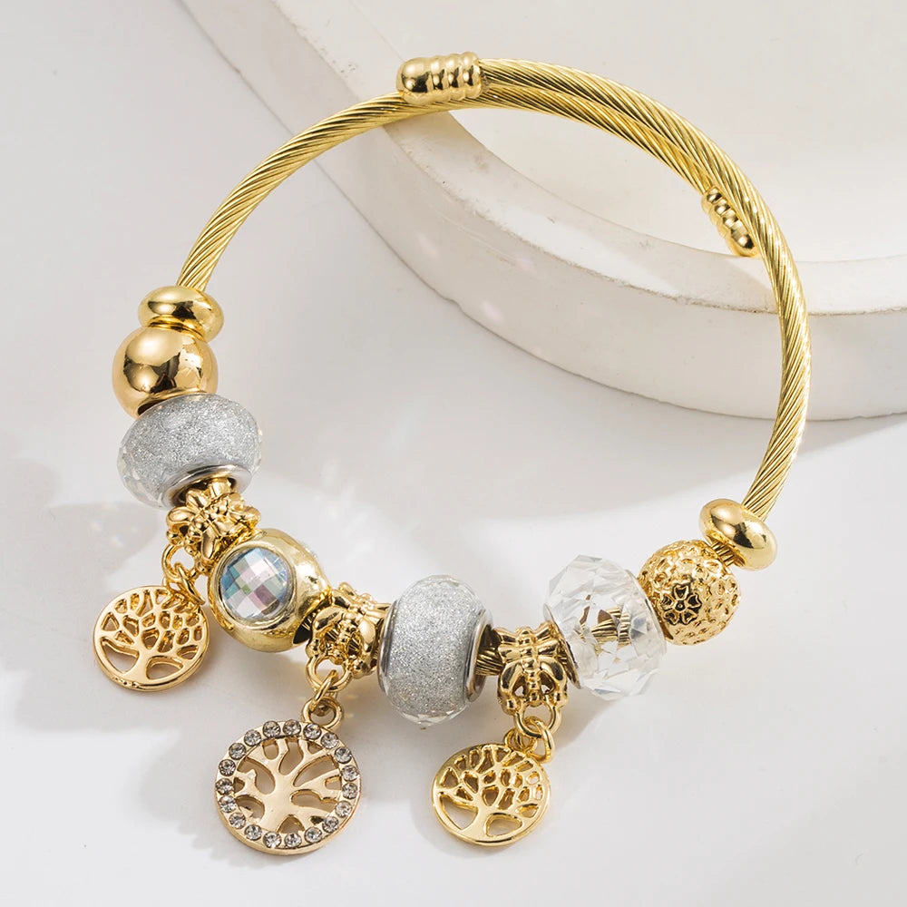 European And American New Personalized Creative Life Tree Tower Pendant Bracelet Alloy Inlaid Diamond Adjustable Stainless Steel