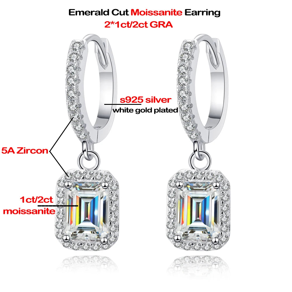 1ct 2ct Emerald/Radiant Cut Moissanite Drop Earrings for Women 925 Sterling Silver Plated PT950 Sparkling Hoop Earring With GRA