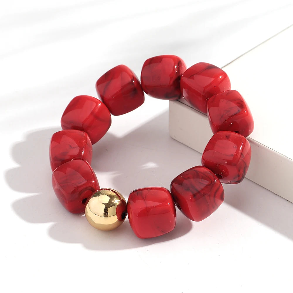 Acrylic Multicolor Irregular Beads Stretchy Bracelets Bangles for Women Resin Marbled Beaded Geometric Elastic Bracelet Jewelry