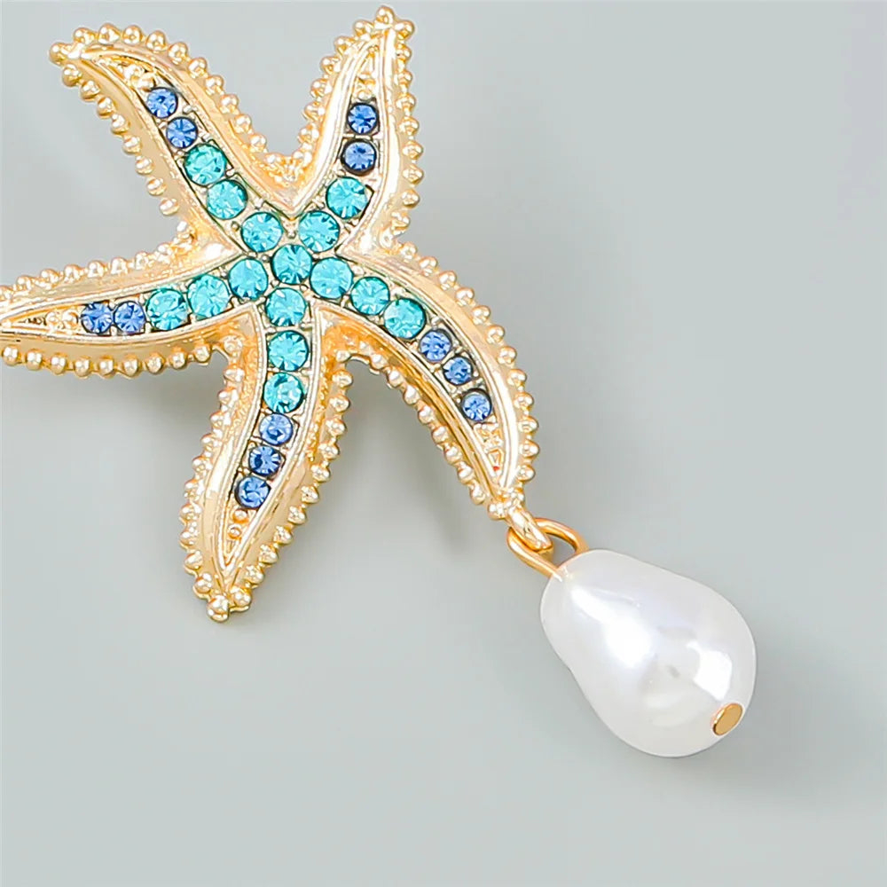 Luxury Female Crystal Blue Stone Gold Color Stud Earrings Cute Bridal Starfish Wedding Jewelry For Women