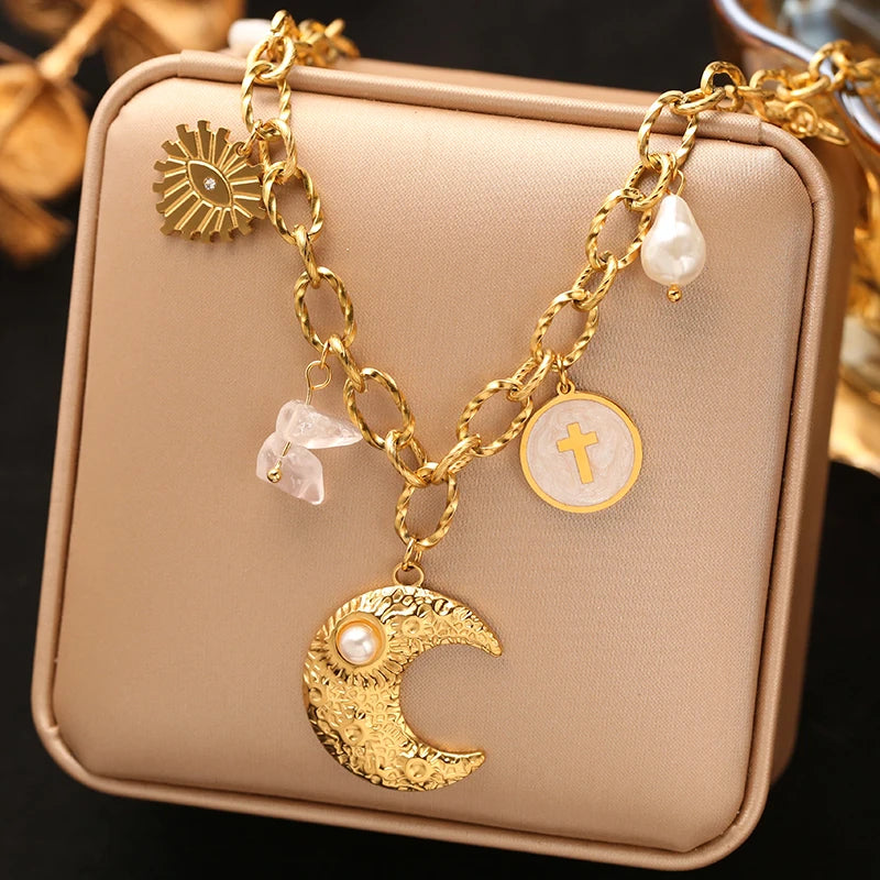 EILIECK 316L Stainless Steel Metal Gold Color Sun Moon Pendant Necklace Lady New Trendy Neck Chain Waterproof Jewelry Party Gift