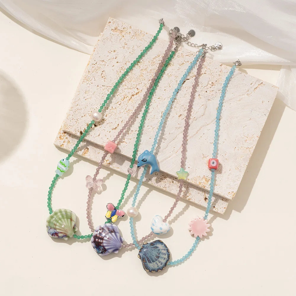 Handmade Weave Multi Colored Rice Beads Dolphin Neckalce Women Color Texture Shell Scallop Oysters Summer Beach Charm Jewelry