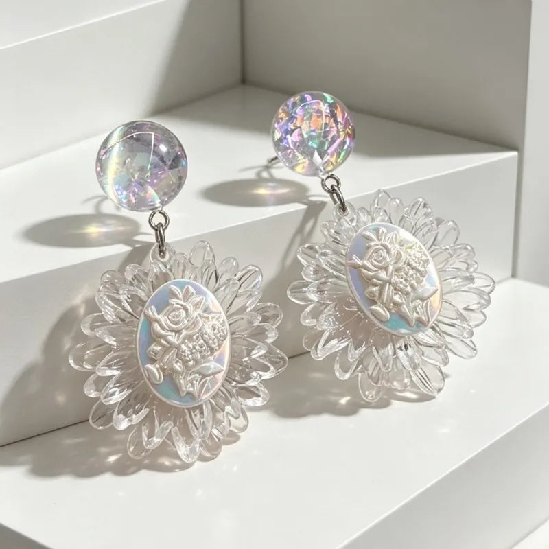 Transparent Flowers Women Earrings Sweet Light Luxury Fashion Jewelry Elegant Vintage Palace Style Pendientes Mujer