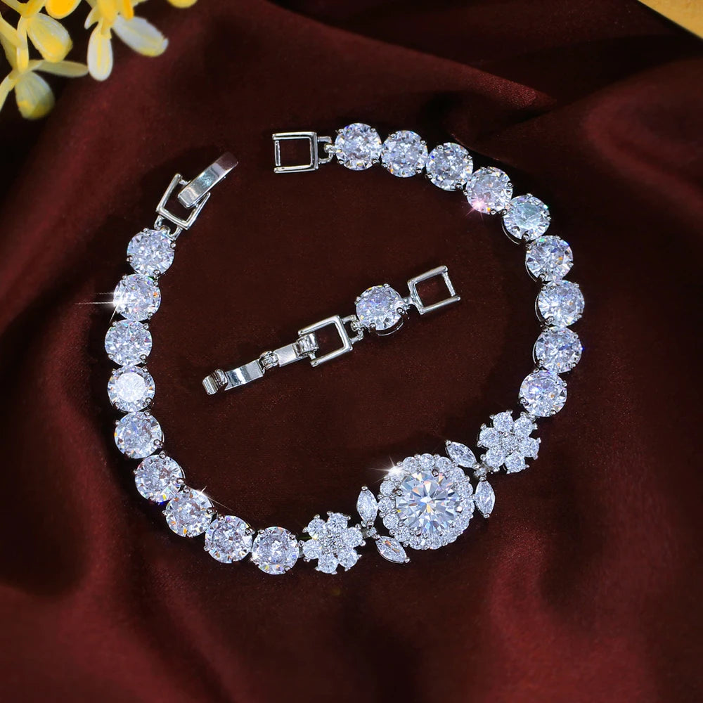 ThreeGraces Elegant Shiny Pink Round Zirconia Fashion Flower Bridal Wedding Engagement Tennis Bracelet for Women Jewelry BR411