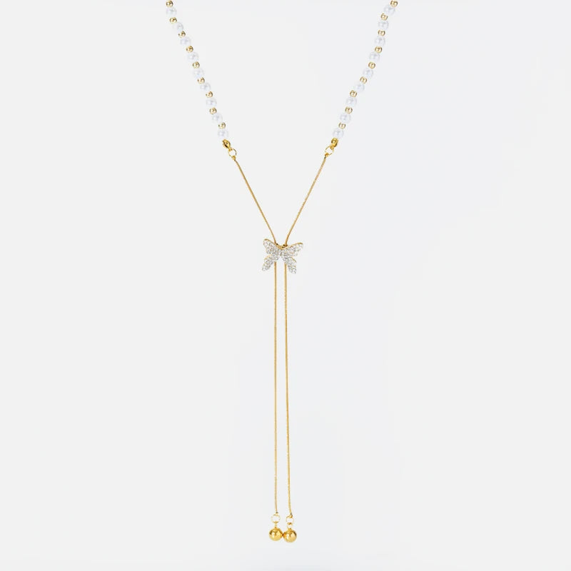 EILIECK 316L Stainless Steel Butterfly Pearl Long Pendant Necklace For Women Fashion Choker Clavicle Chain Waterpro Jewelry Gift