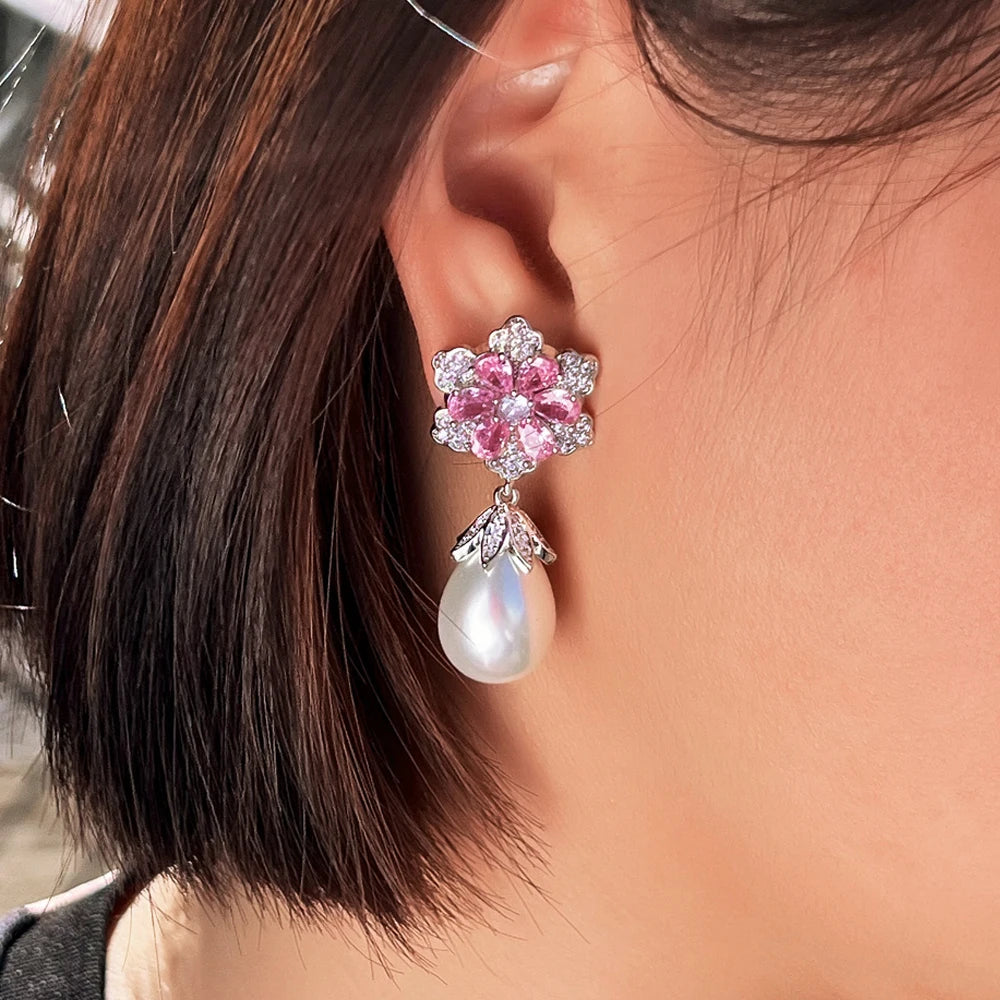 ThreeGraces Delicate Shiny Pink Zirconia Simulated Pearl Long Flower Drop Earrings for Women Bridal Wedding Party Jewelry E1929