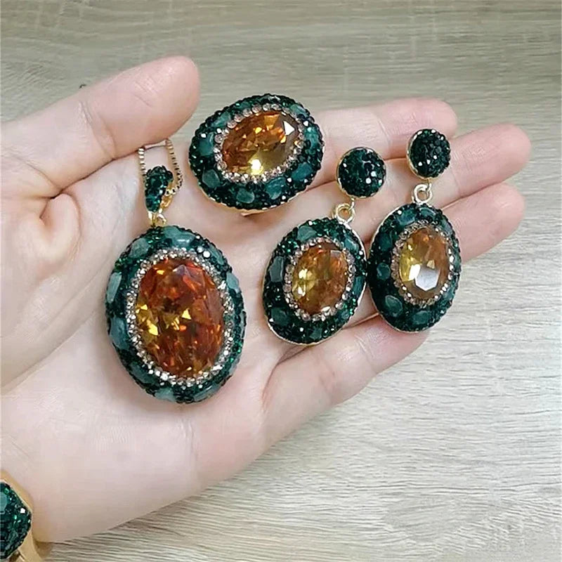 Round Colored Change Sultanite Crystal Bangle Rings Sets for Women Necklace Earring Rings Golden Green Zultanite Quartz Jewelry